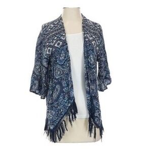 Hollister Blue Paisley Fringe Kimono Cardigan Open Front Boho Top Small